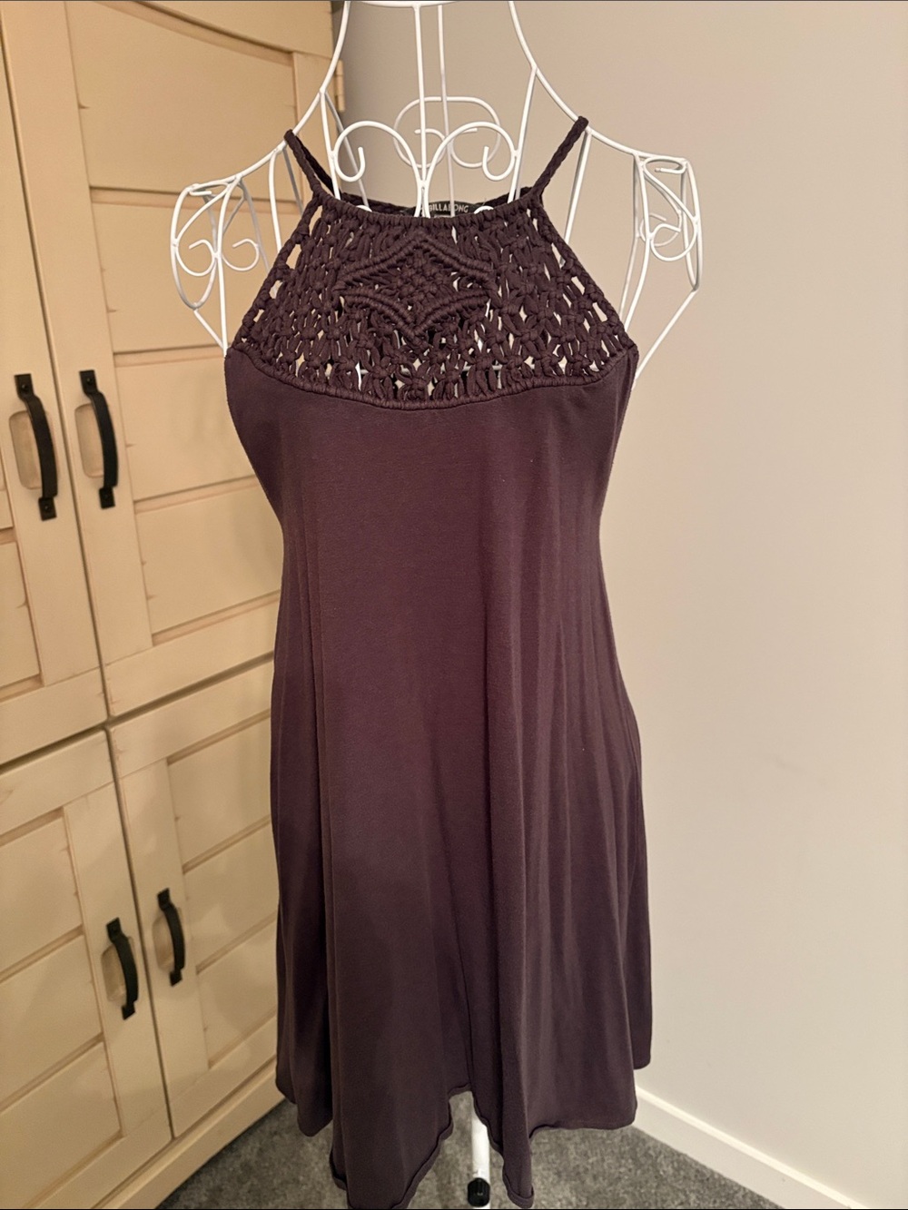 Billabong Dark Plum Crochet Yoke Spaghetti Strap Mini Dress